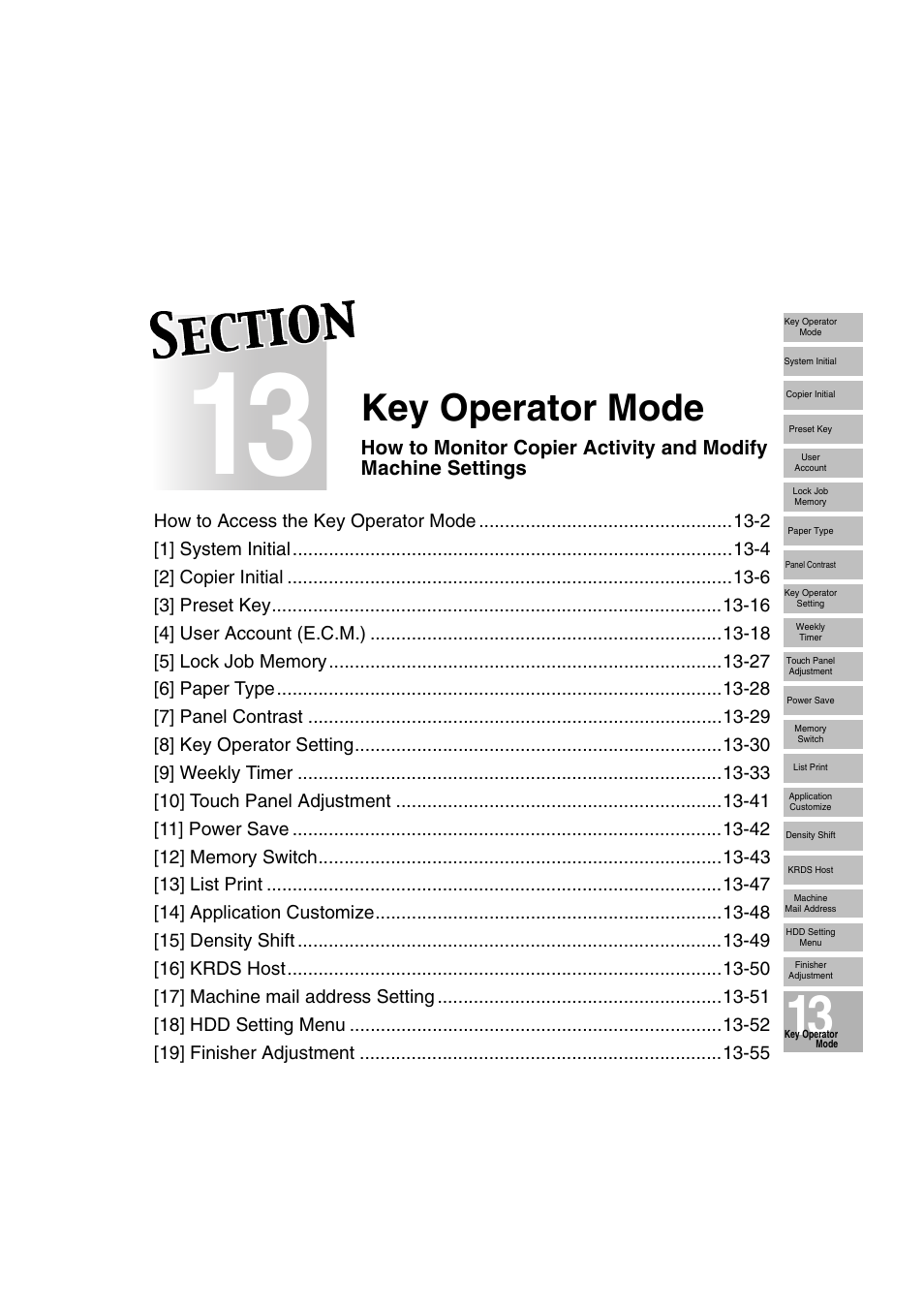 Section 13: key operator mode | Konica Minolta 7222 User Manual | Page 265 / 328