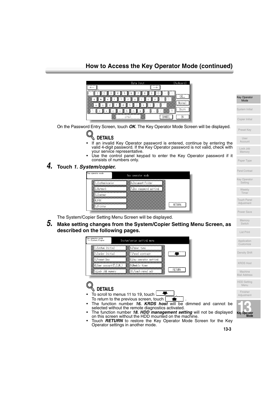 How to access the key operator mode (continued), Touch 1. system/copier | Konica Minolta 7222 User Manual | Page 267 / 328