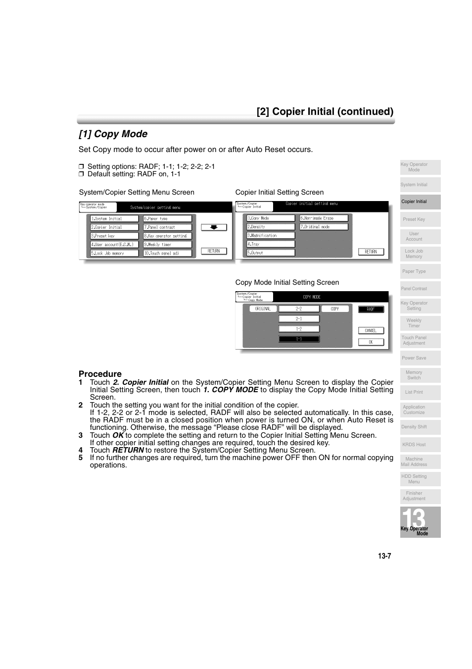 1] copy mode, 1] copy mode -7, 2] copier initial (continued) | Procedure | Konica Minolta 7222 User Manual | Page 271 / 328