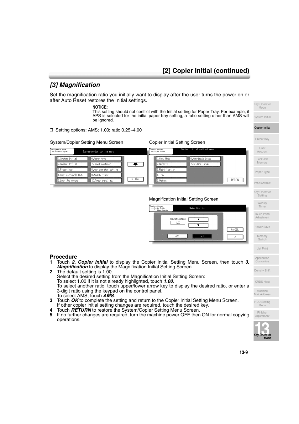 3] magnification, 3] magnification -9, 2] copier initial (continued) | Procedure | Konica Minolta 7222 User Manual | Page 273 / 328