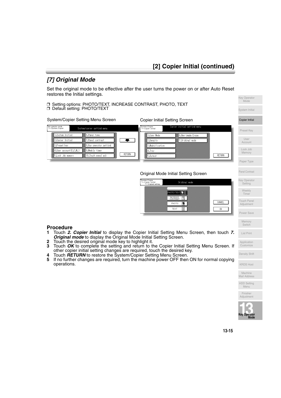 7] original mode, 7] original mode -15, 2] copier initial (continued) | Procedure | Konica Minolta 7222 User Manual | Page 279 / 328