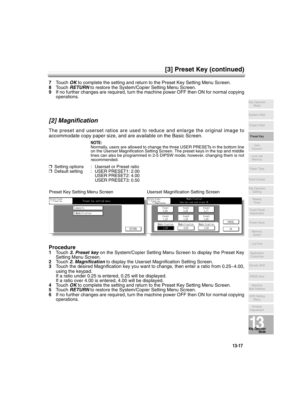 2] magnification, 2] magnification -17, 3] preset key (continued) | Procedure | Konica Minolta 7222 User Manual | Page 281 / 328