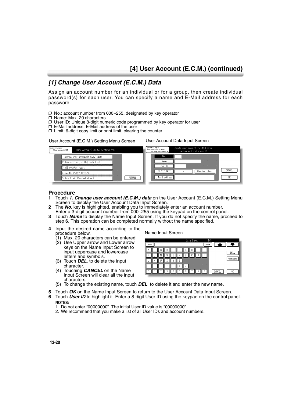 1] change user account (e.c.m.) data, 1] change user account (e.c.m.) data -20, 4] user account (e.c.m.) (continued) | Konica Minolta 7222 User Manual | Page 284 / 328