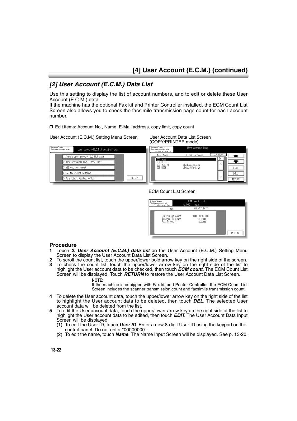 2] user account (e.c.m.) data list, 2] user account (e.c.m.) data list -22, 4] user account (e.c.m.) (continued) | Konica Minolta 7222 User Manual | Page 286 / 328