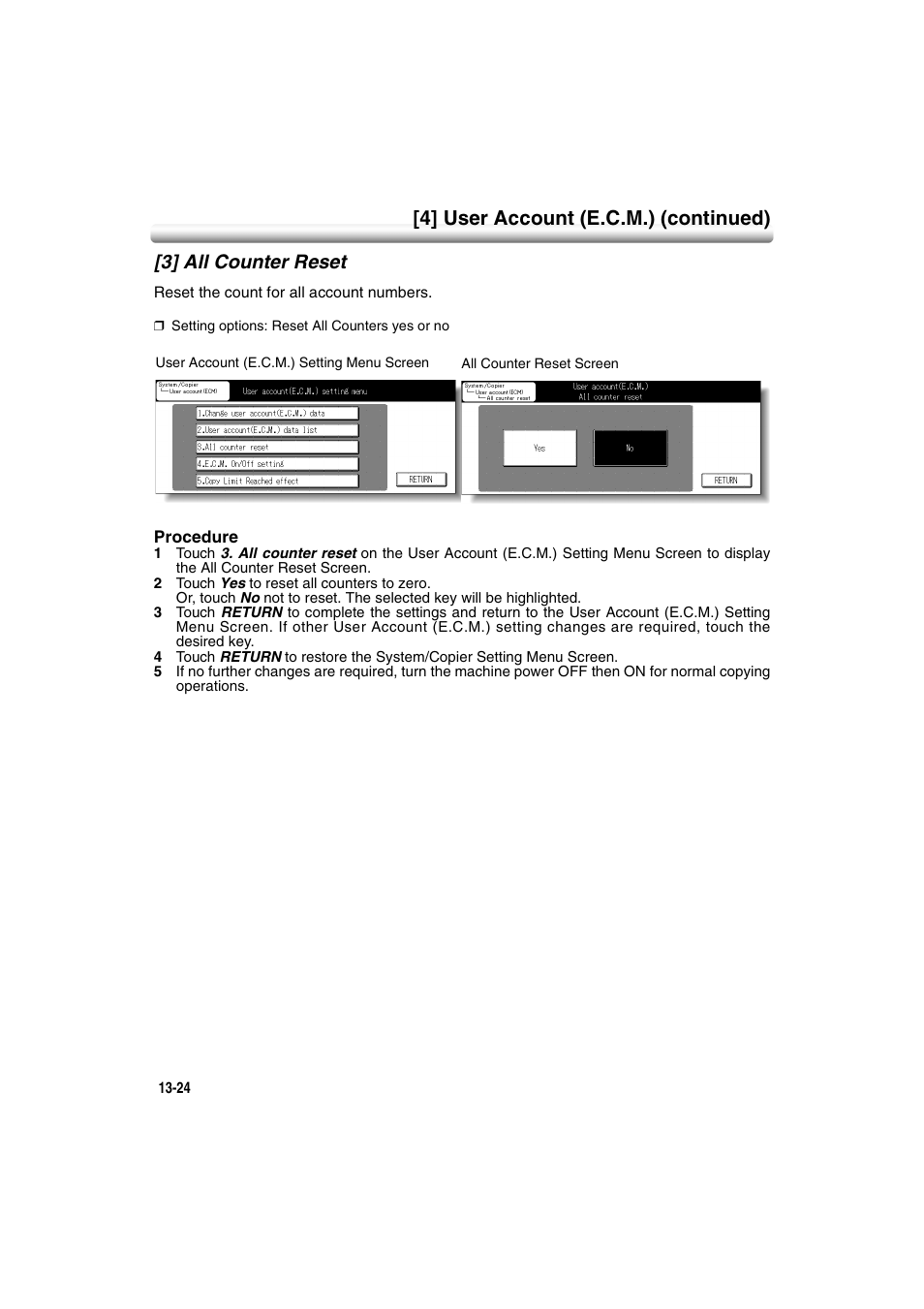 3] all counter reset, 3] all counter reset -24, 4] user account (e.c.m.) (continued) | Konica Minolta 7222 User Manual | Page 288 / 328