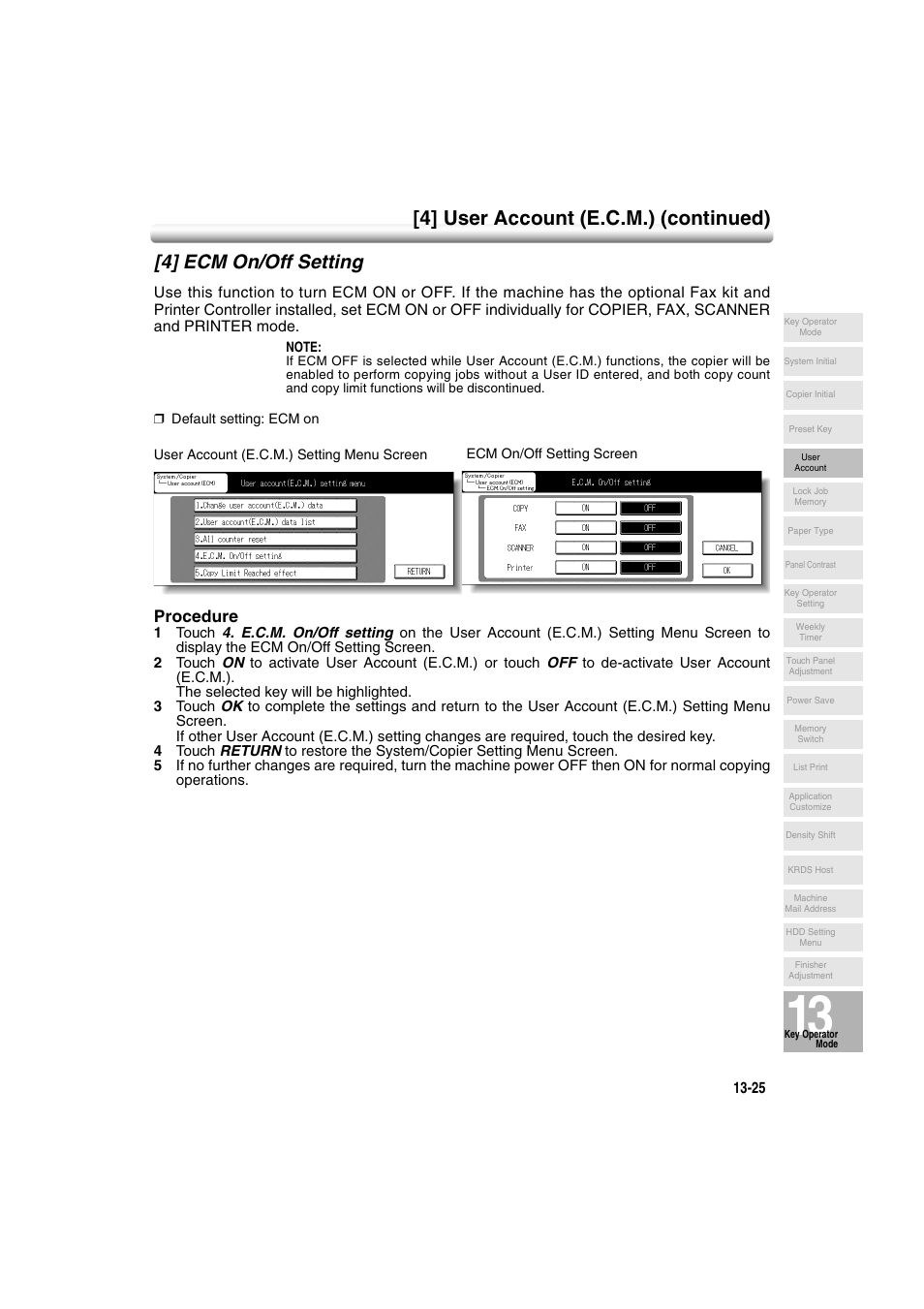 4] ecm on/off setting, 4] ecm on/off setting -25, 4] user account (e.c.m.) (continued) | Procedure | Konica Minolta 7222 User Manual | Page 289 / 328