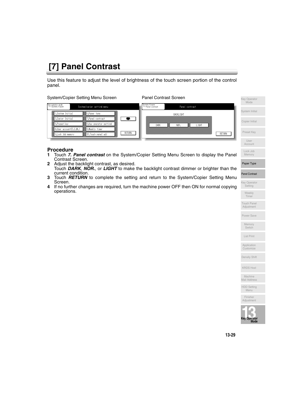 7] panel contrast, 7] panel contrast -29, Procedure | Konica Minolta 7222 User Manual | Page 293 / 328