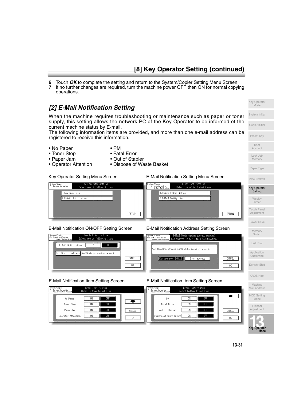 2] e-mail notification setting, 2] e-mail notification setting -31, 8] key operator setting (continued) | Konica Minolta 7222 User Manual | Page 295 / 328