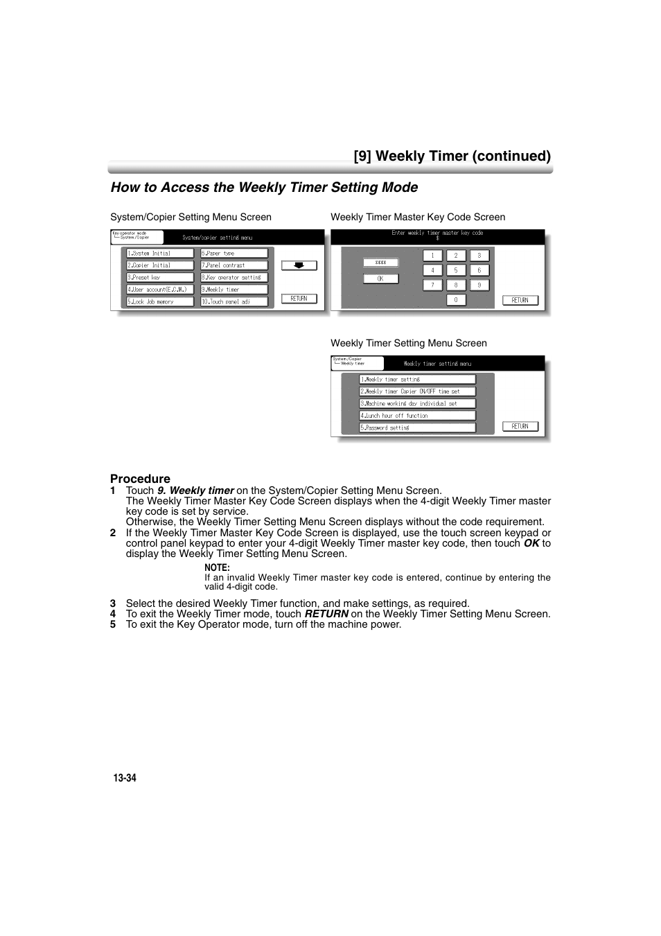 How to access the weekly timer setting mode, How to access the weekly timer setting mode -34, 9] weekly timer (continued) | Konica Minolta 7222 User Manual | Page 298 / 328