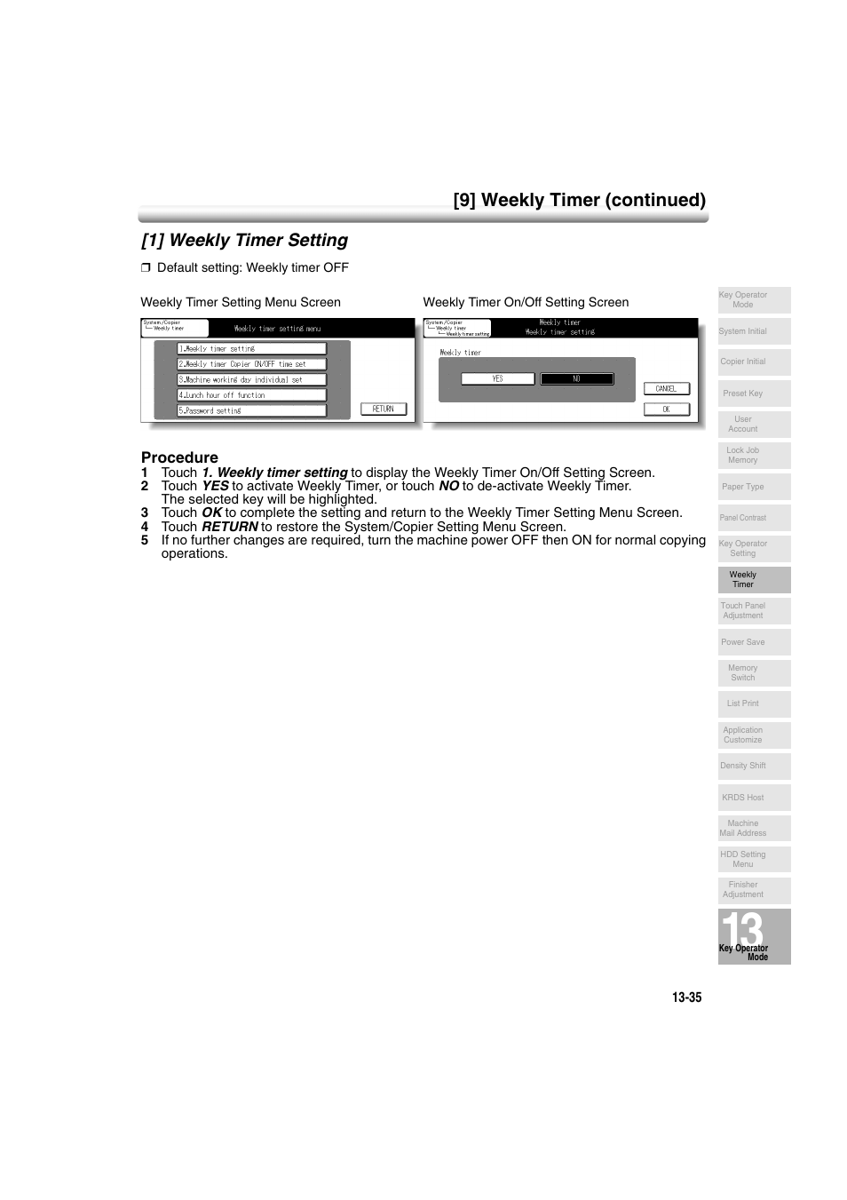 1] weekly timer setting, 1] weekly timer setting -35, 9] weekly timer (continued) | Procedure | Konica Minolta 7222 User Manual | Page 299 / 328