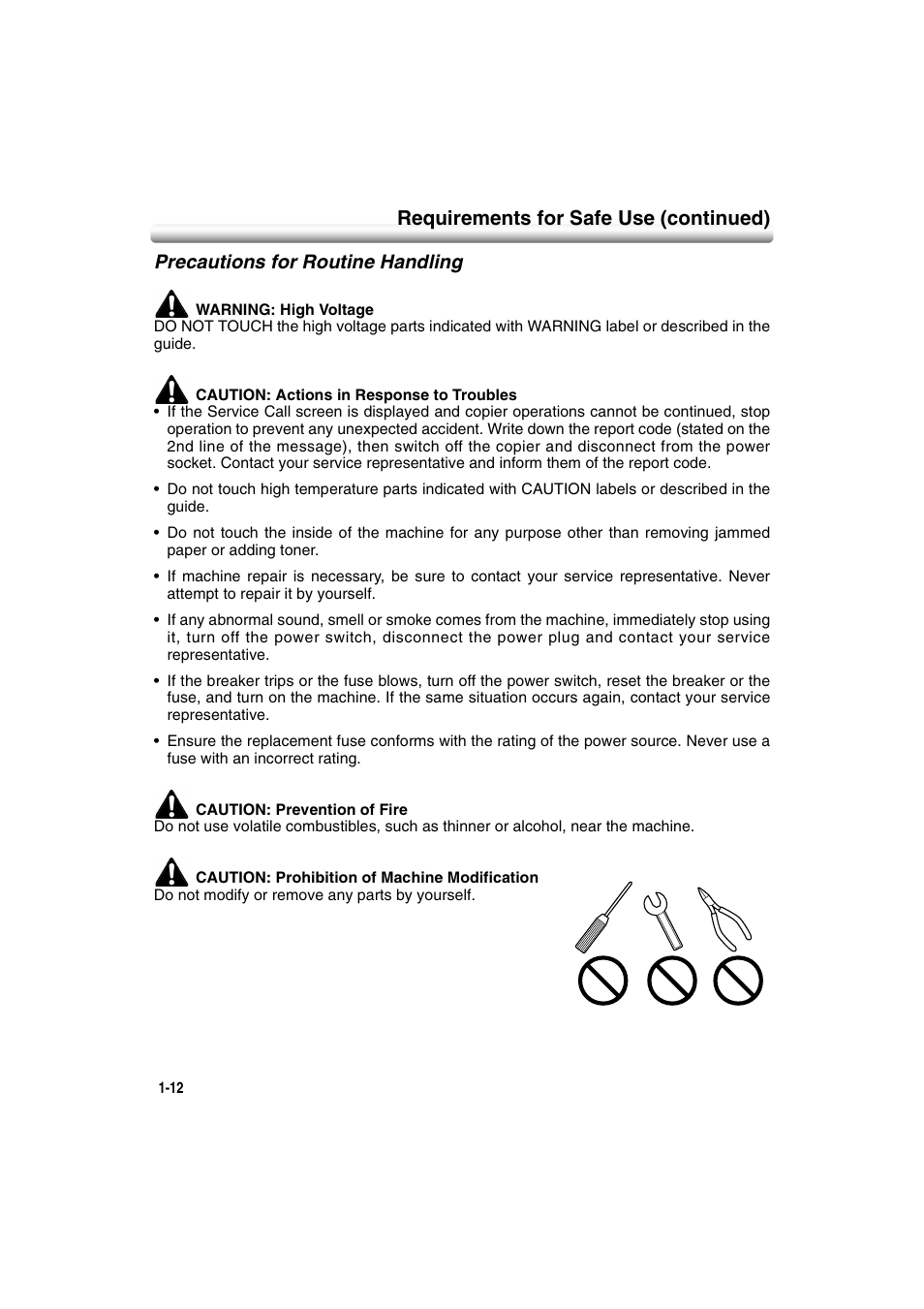 Precautions for routine handling, Precautions for routine handling -12, Requirements for safe use (continued) | Konica Minolta 7222 User Manual | Page 30 / 328