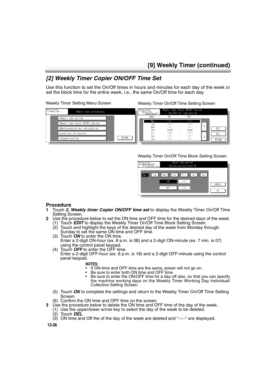 2] weekly timer copier on/off time set, 2] weekly timer copier on/off time set -36, 9] weekly timer (continued) | Konica Minolta 7222 User Manual | Page 300 / 328