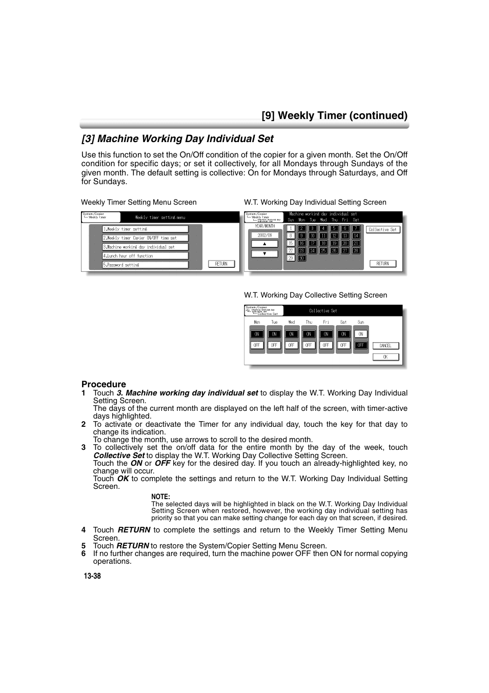 3] machine working day individual set, 3] machine working day individual set -38, 9] weekly timer (continued) | Konica Minolta 7222 User Manual | Page 302 / 328