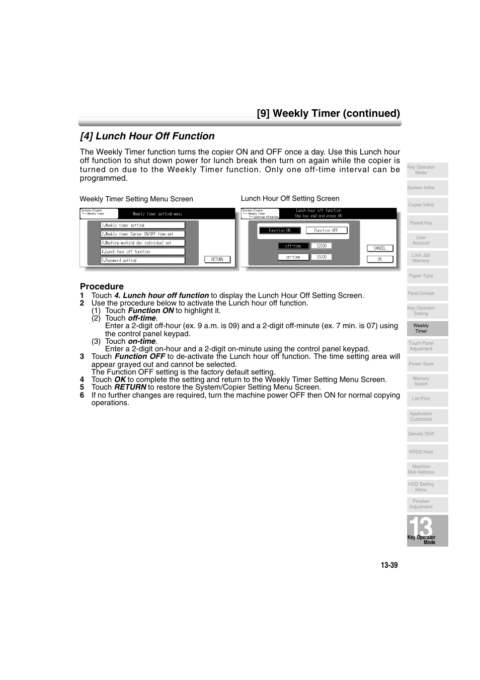 4] lunch hour off function, 4] lunch hour off function -39, 9] weekly timer (continued) | Procedure | Konica Minolta 7222 User Manual | Page 303 / 328