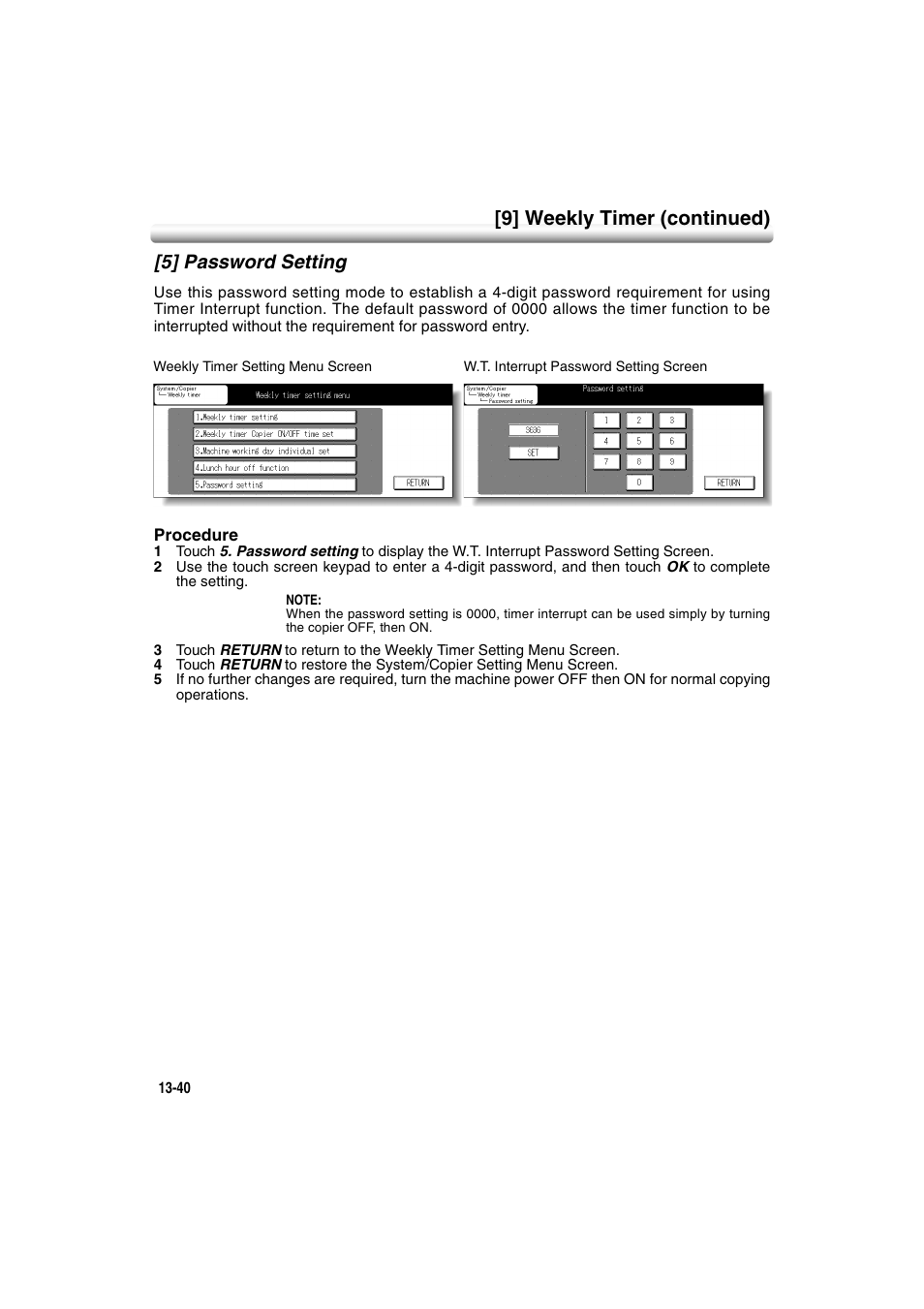 5] password setting, 5] password setting -40, 9] weekly timer (continued) | Konica Minolta 7222 User Manual | Page 304 / 328