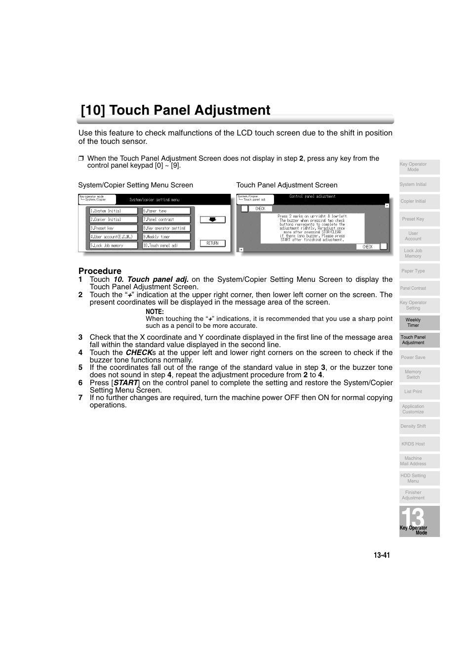 10] touch panel adjustment, 10] touch panel adjustment -41, Procedure | Konica Minolta 7222 User Manual | Page 305 / 328