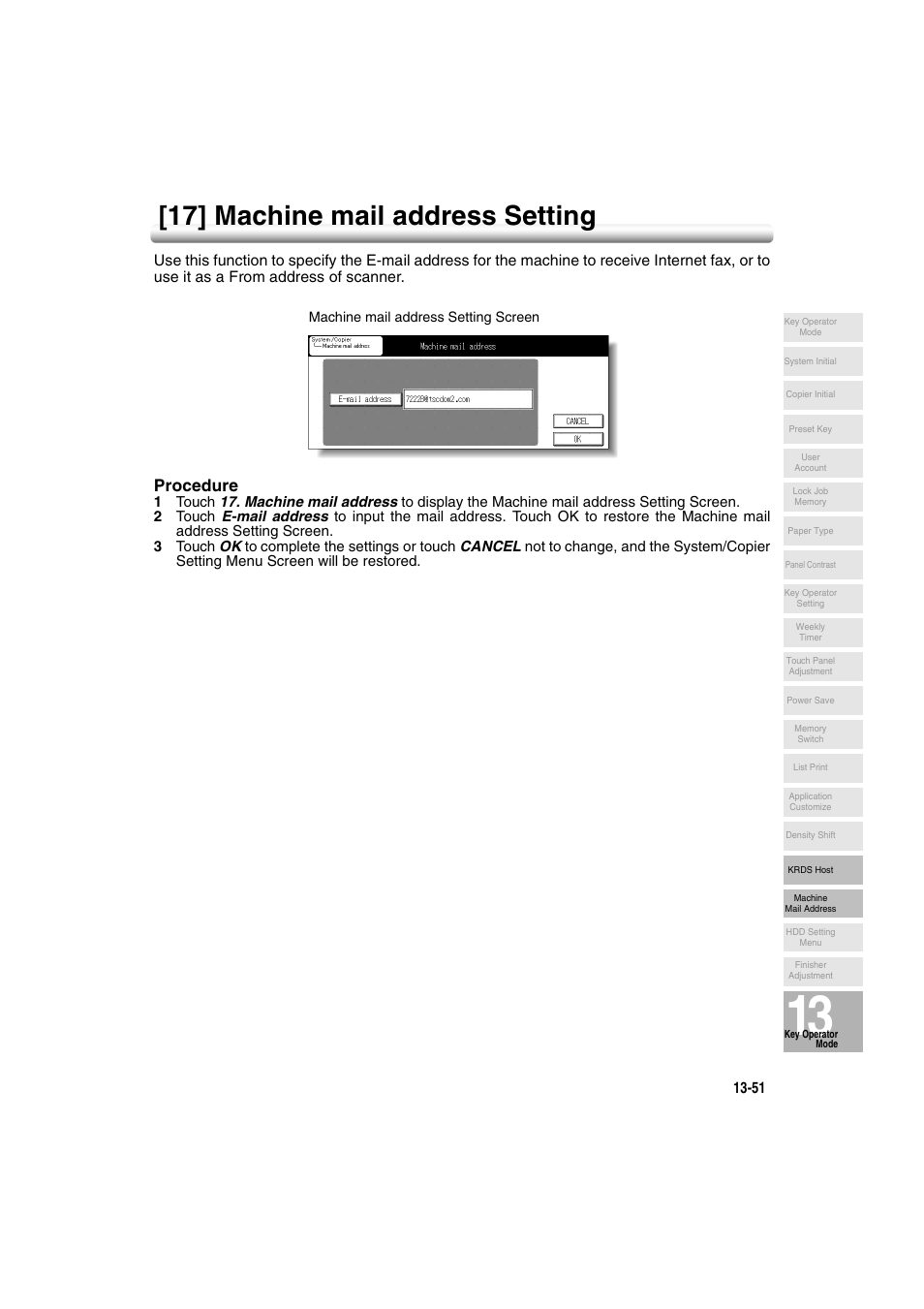 17] machine mail address setting, 17] machine mail address setting -51, Procedure | Konica Minolta 7222 User Manual | Page 315 / 328