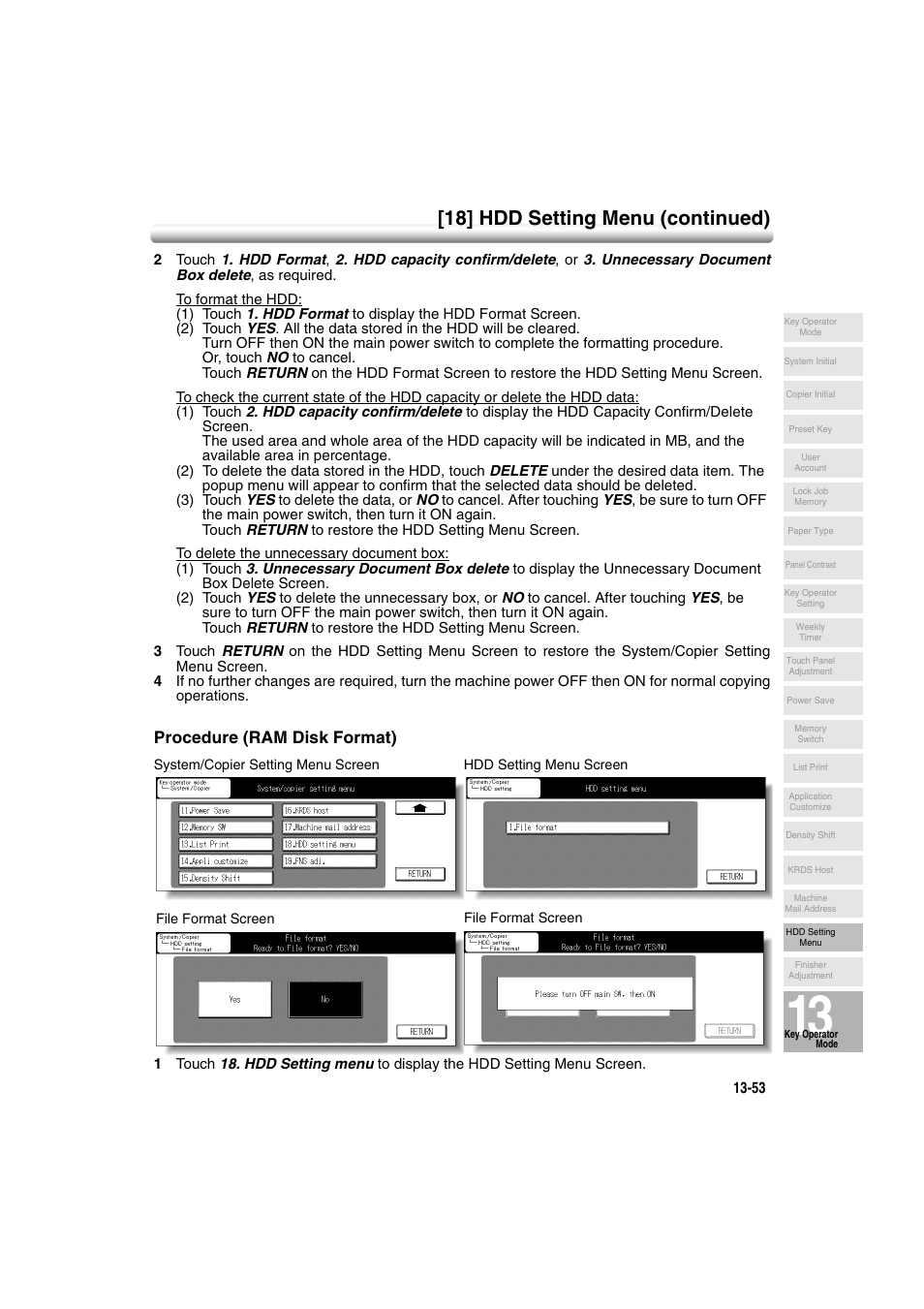 18] hdd setting menu (continued), Procedure (ram disk format) | Konica Minolta 7222 User Manual | Page 317 / 328