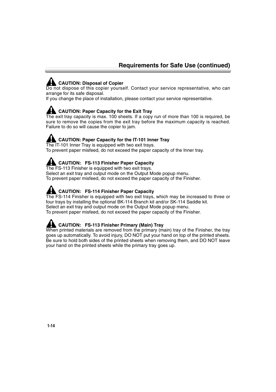 Requirements for safe use (continued) | Konica Minolta 7222 User Manual | Page 32 / 328