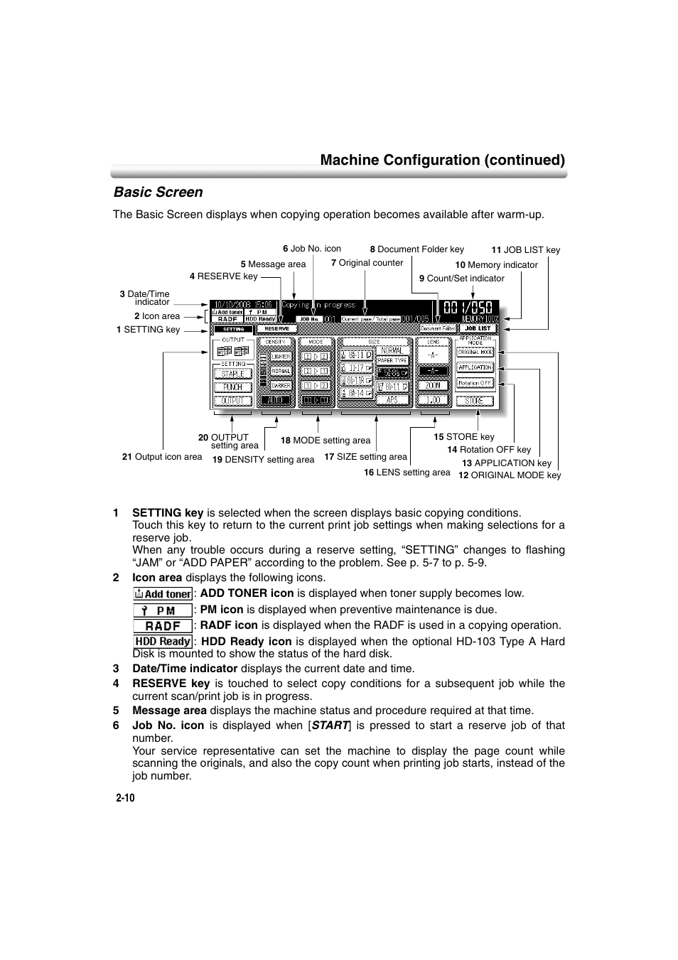 Basic screen, Basic screen -10, Machine configuration (continued) | Konica Minolta 7222 User Manual | Page 42 / 328