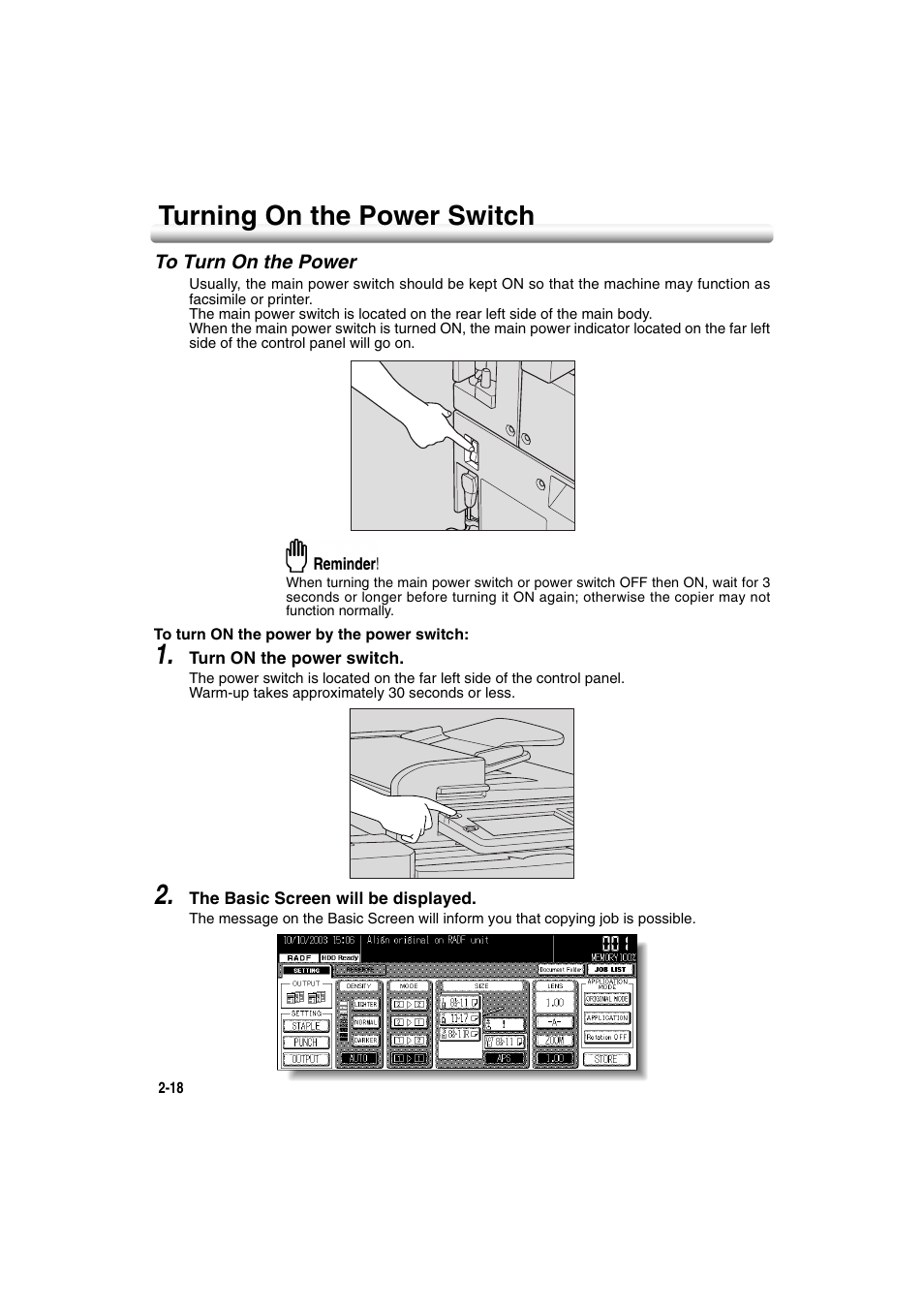 Turning on the power switch, To turn on the power, Turning on the power switch -18 | To turn on the power -18 | Konica Minolta 7222 User Manual | Page 50 / 328