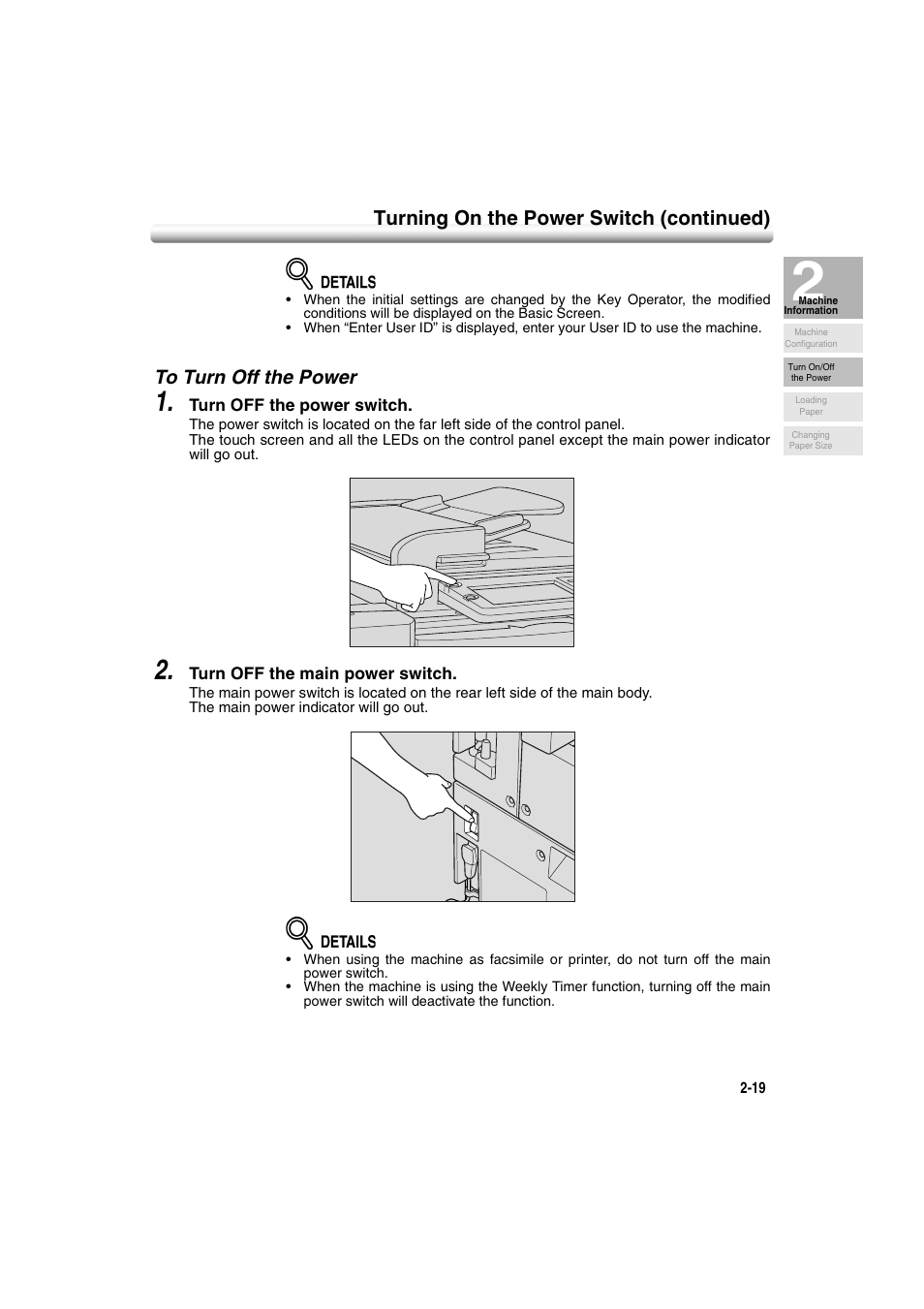 To turn off the power, To turn off the power -19, Turning on the power switch (continued) | Konica Minolta 7222 User Manual | Page 51 / 328