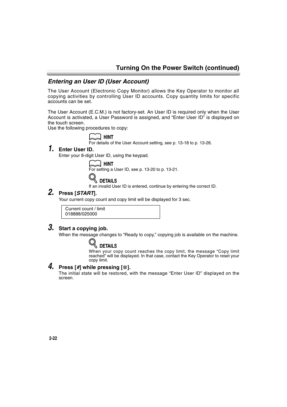 Entering an user id (user account), Entering an user id (user account) -22 | Konica Minolta 7222 User Manual | Page 54 / 328