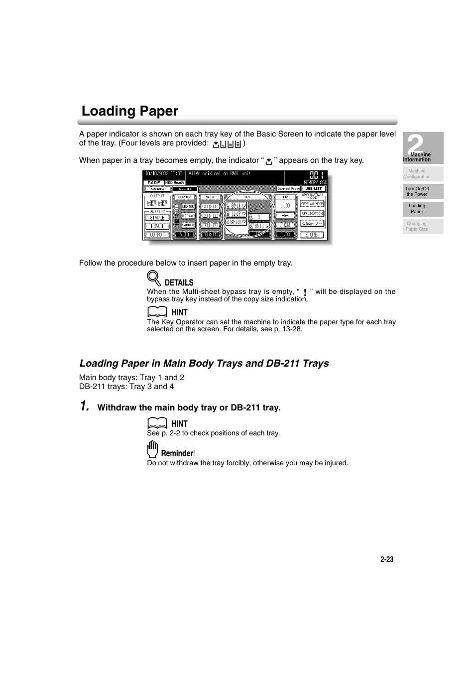 Loading paper, Loading paper in main body trays and db-211 trays, Loading paper -23 | Konica Minolta 7222 User Manual | Page 55 / 328