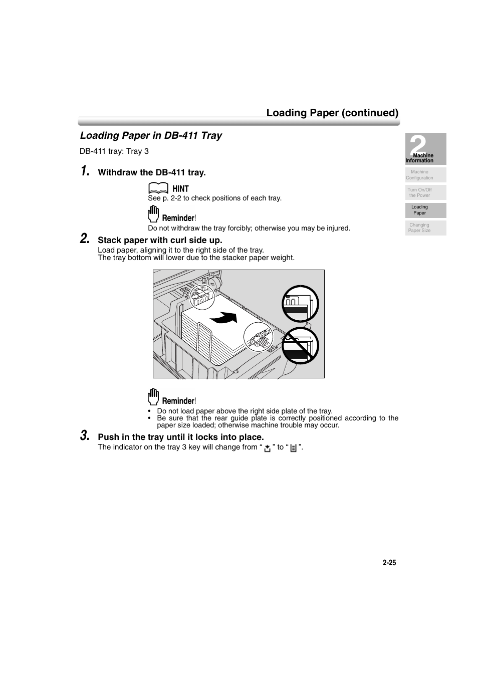 Loading paper in db-411 tray, Loading paper in db-411 tray -25, Loading paper (continued) | Konica Minolta 7222 User Manual | Page 57 / 328