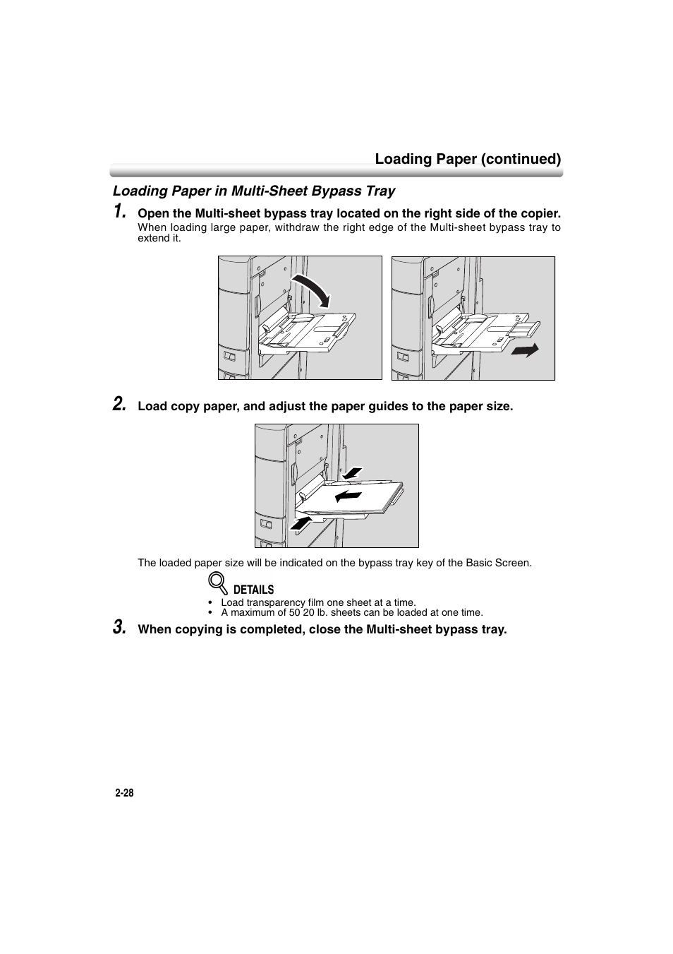 Loading paper in multi-sheet bypass tray, Loading paper in multi-sheet bypass tray -28 | Konica Minolta 7222 User Manual | Page 60 / 328