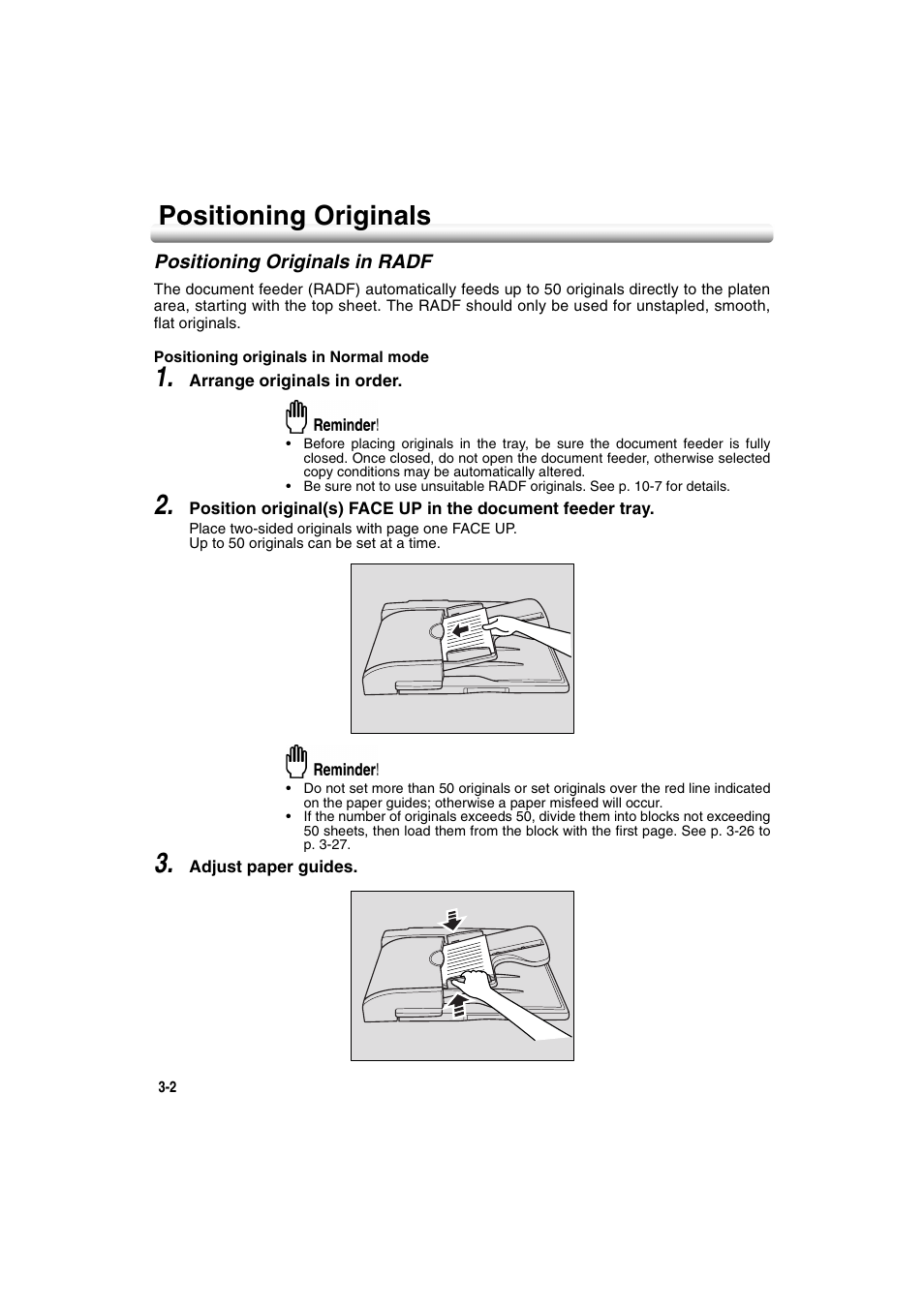 Positioning originals, Positioning originals in radf, Positioning originals -2 | Positioning originals in radf -2 | Konica Minolta 7222 User Manual | Page 64 / 328