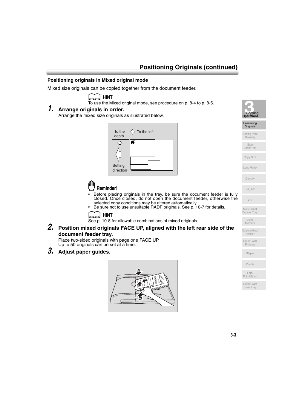 Positioning originals (continued), Arrange originals in order, Adjust paper guides | Konica Minolta 7222 User Manual | Page 65 / 328