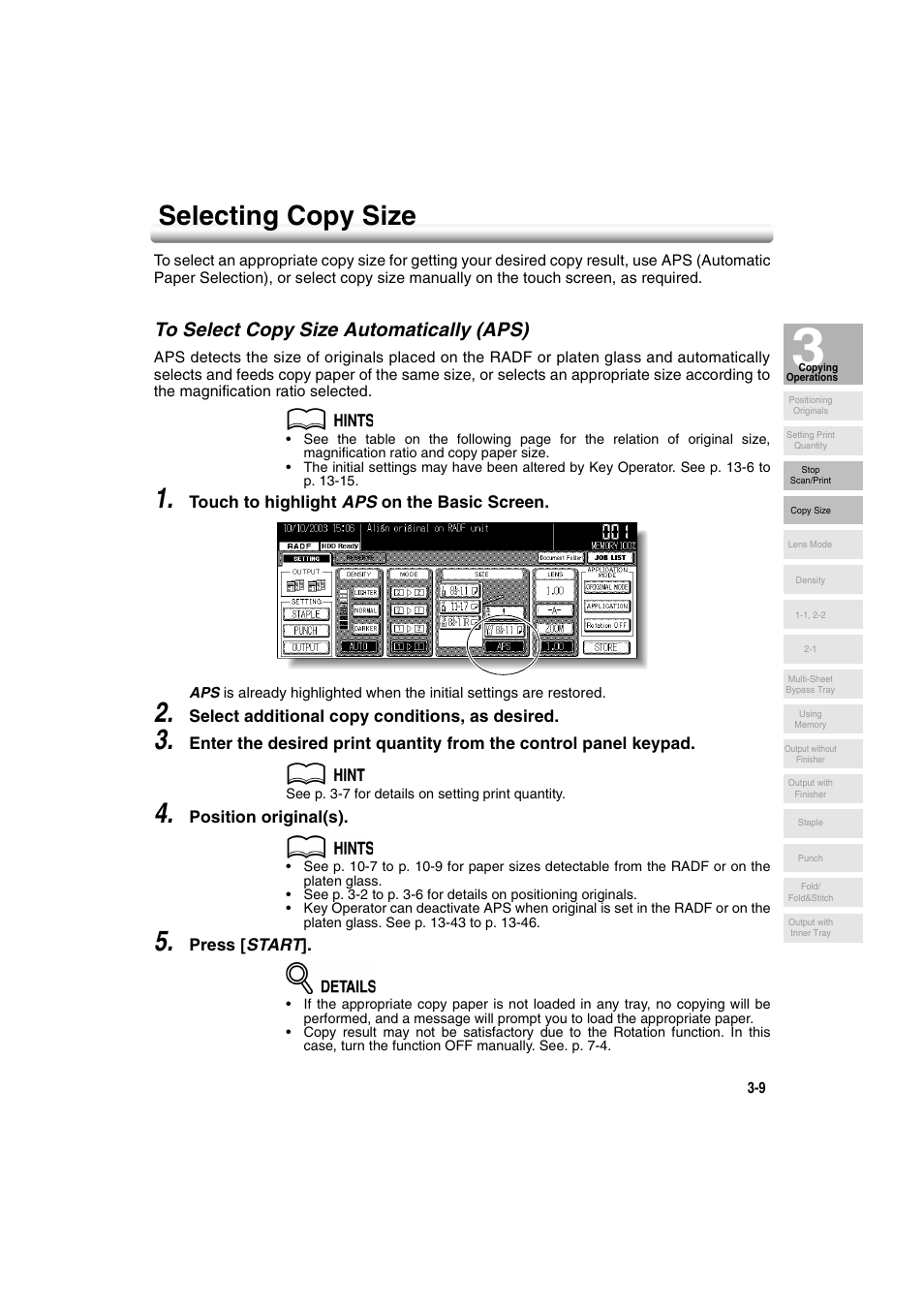 Selecting copy size, To select copy size automatically (aps), Selecting copy size -9 | To select copy size automatically (aps) -9 | Konica Minolta 7222 User Manual | Page 71 / 328