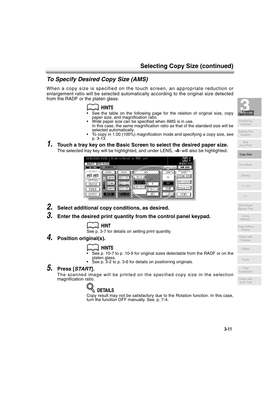 To specify desired copy size (ams), To specify desired copy size (ams) -11, Selecting copy size (continued) | Konica Minolta 7222 User Manual | Page 73 / 328