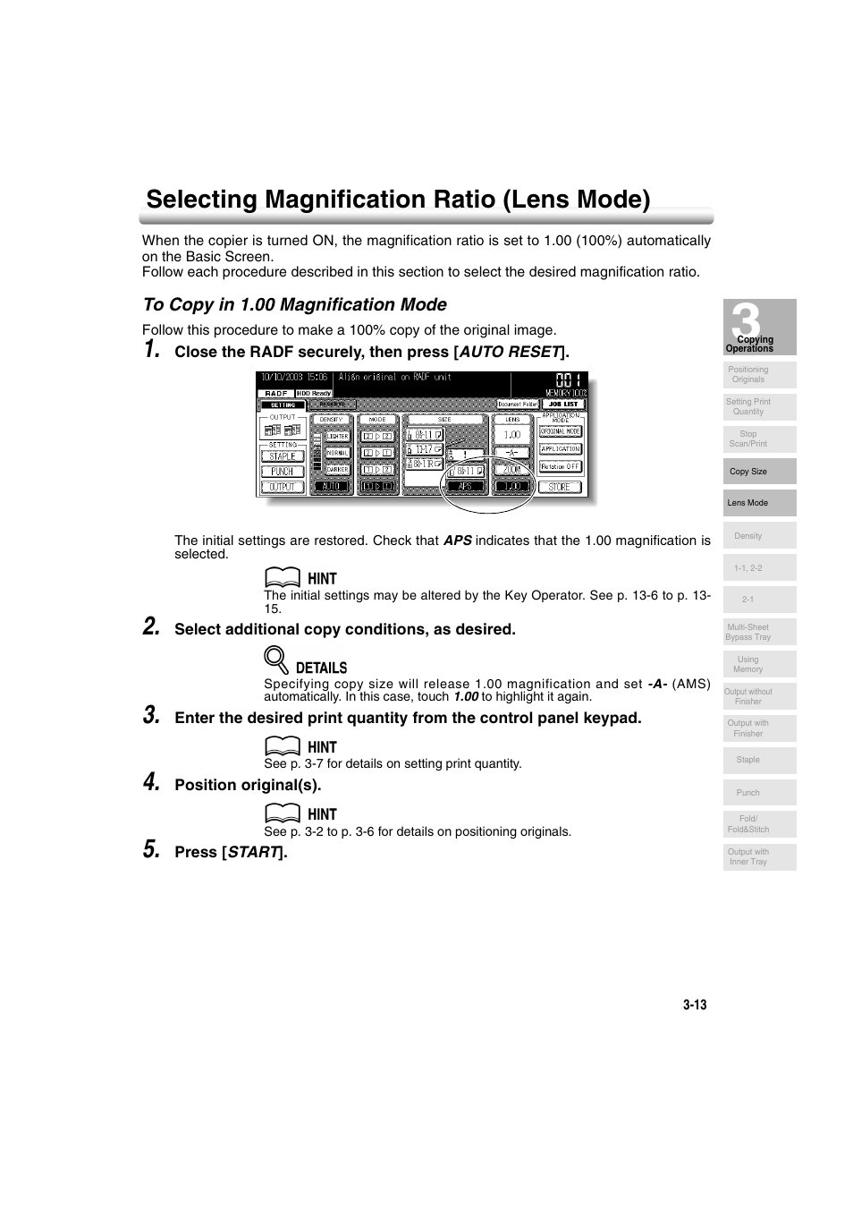 Selecting magnification ratio (lens mode), To copy in 1.00 magnification mode, Selecting magnification ratio (lens mode) -13 | To copy in 1.00 magnification mode -13 | Konica Minolta 7222 User Manual | Page 75 / 328