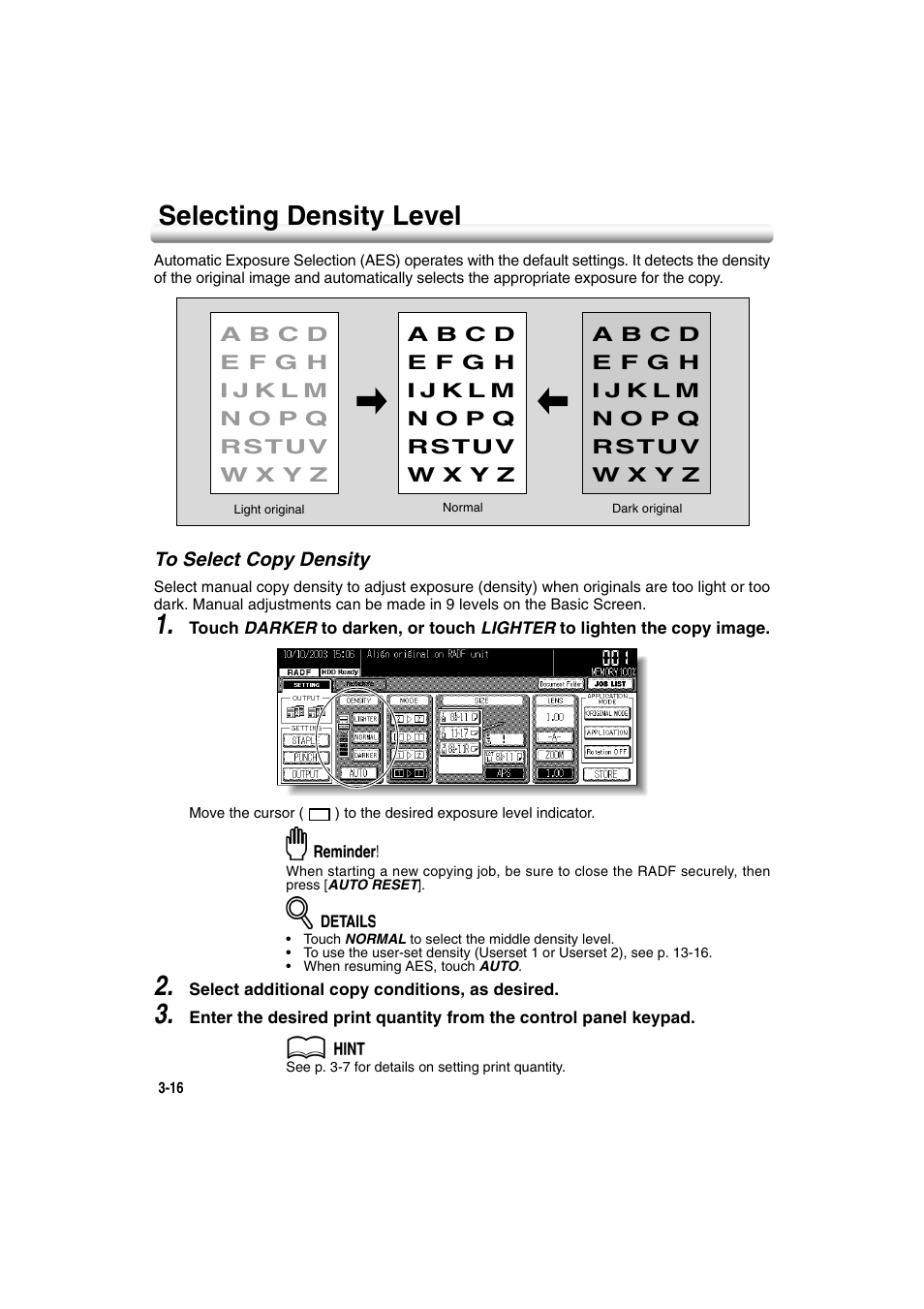 Selecting density level, To select copy density, Selecting density level -16 | To select copy density -16 | Konica Minolta 7222 User Manual | Page 78 / 328