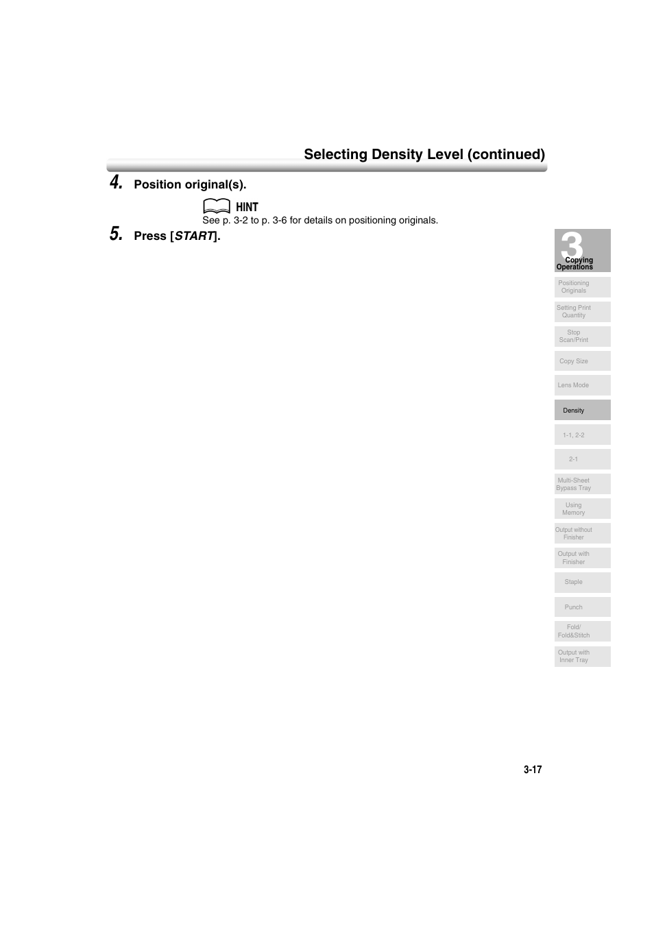 Selecting density level (continued), Position original(s), Press [ start | Konica Minolta 7222 User Manual | Page 79 / 328