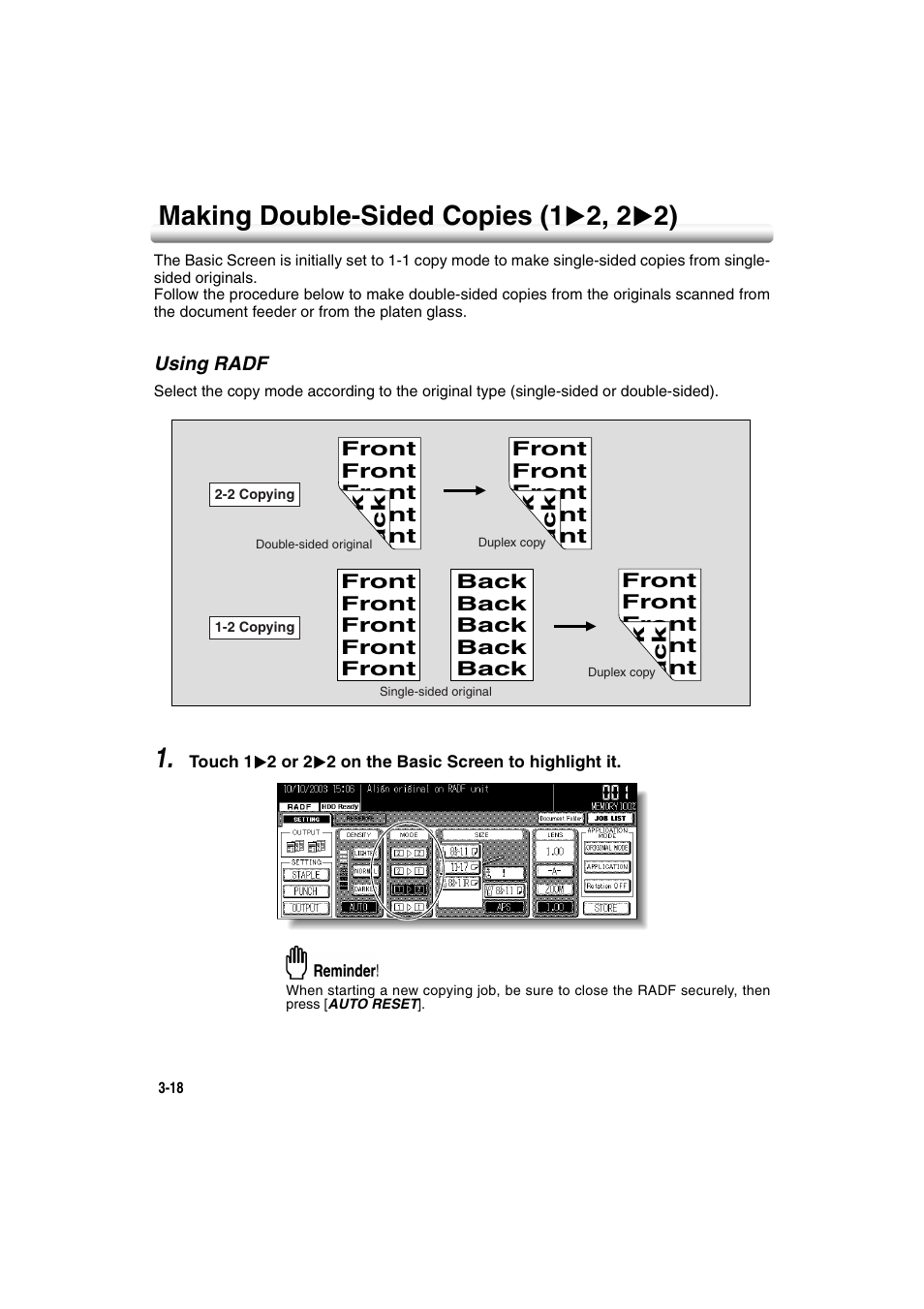 Making double-sided copies (1a2, 2a2), Using radf, Making double-sided copies (1 | Using radf -18, Making double-sided copies (1 2, 2 2) -18, Making double-sided copies (1 2, 2 2) | Konica Minolta 7222 User Manual | Page 80 / 328