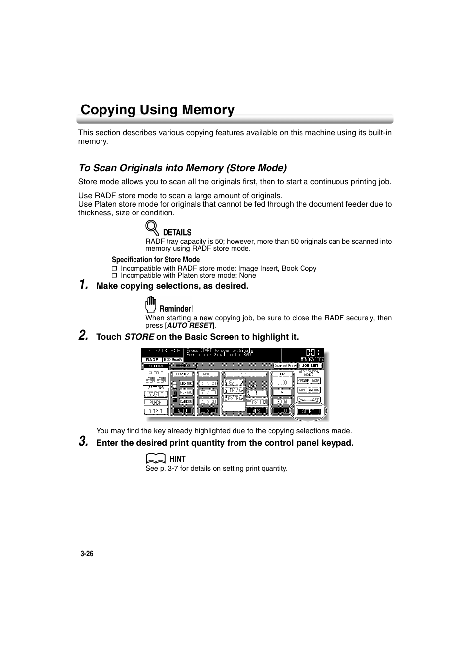 Copying using memory, To scan originals into memory (store mode), Copying using memory -26 | To scan originals into memory (store mode) -26 | Konica Minolta 7222 User Manual | Page 88 / 328