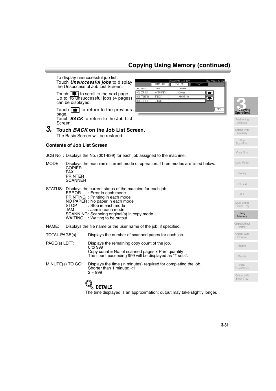 Touch back on the job list screen | Konica Minolta 7222 User Manual | Page 93 / 328