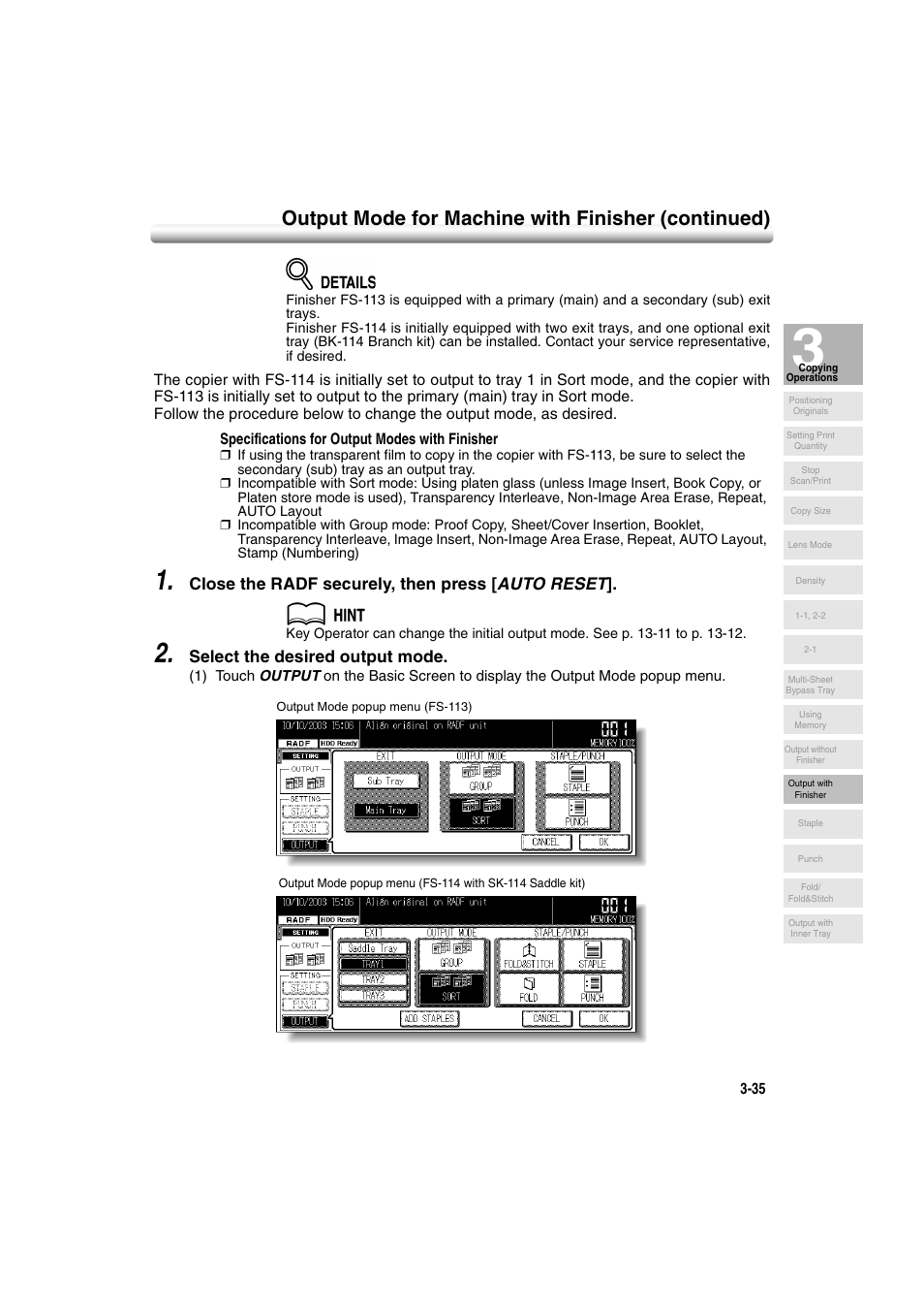 Output mode for machine with finisher (continued), Close the radf securely, then press [ auto reset, Select the desired output mode | Konica Minolta 7222 User Manual | Page 97 / 328