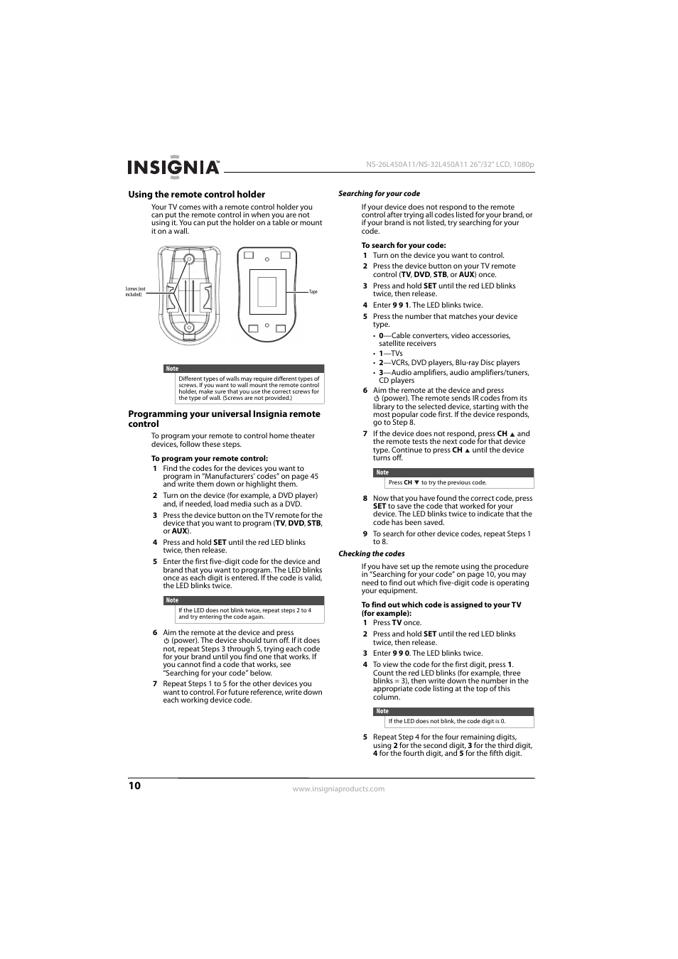 Using the remote control holder, Programming your universal insignia remote control, Ge 10 | Konica Minolta NS-32L450A11 User Manual | Page 14 / 68