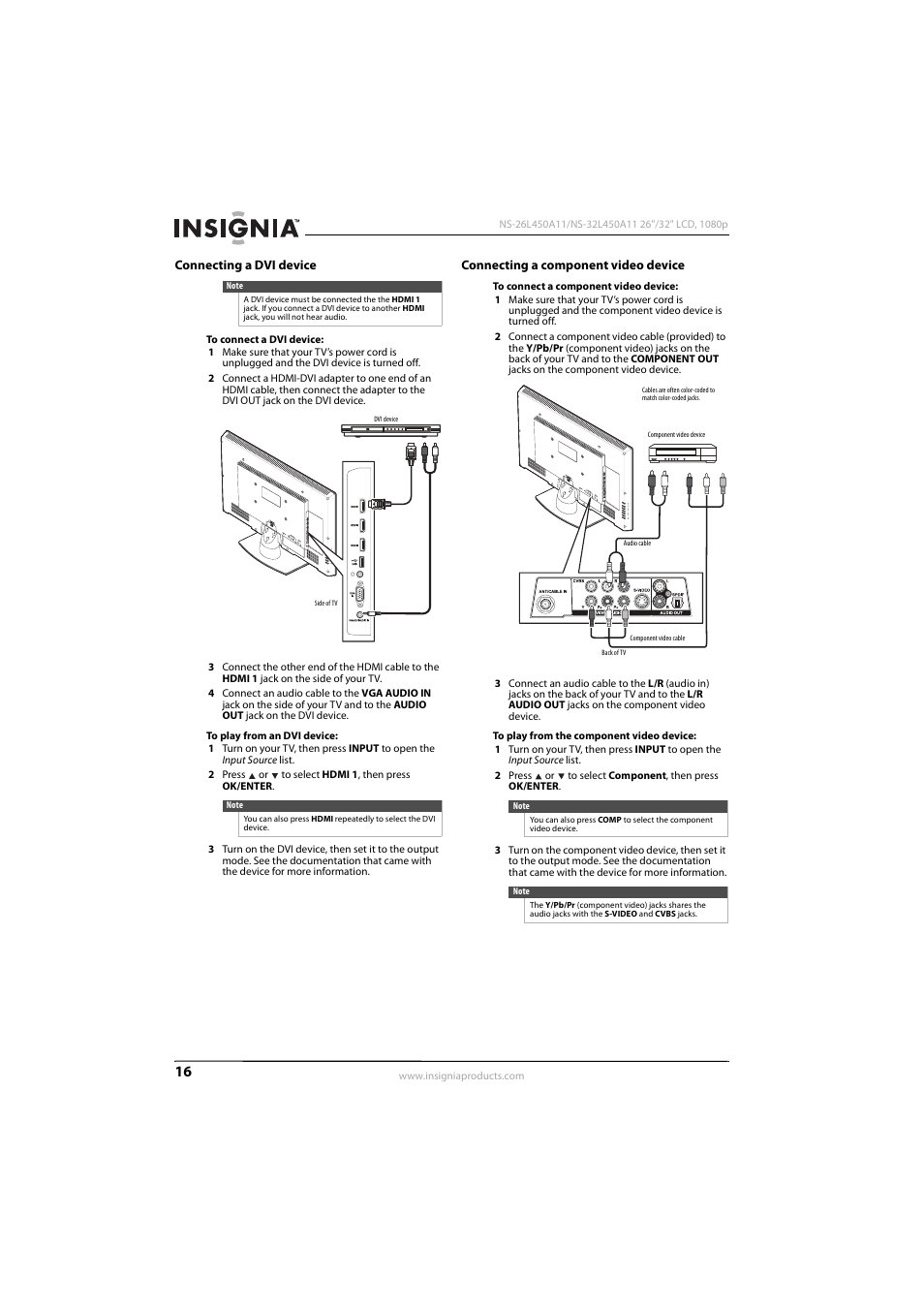 Connecting a dvi device, Connecting a component video device, Ee “connecting a component video device | Konica Minolta NS-32L450A11 User Manual | Page 20 / 68