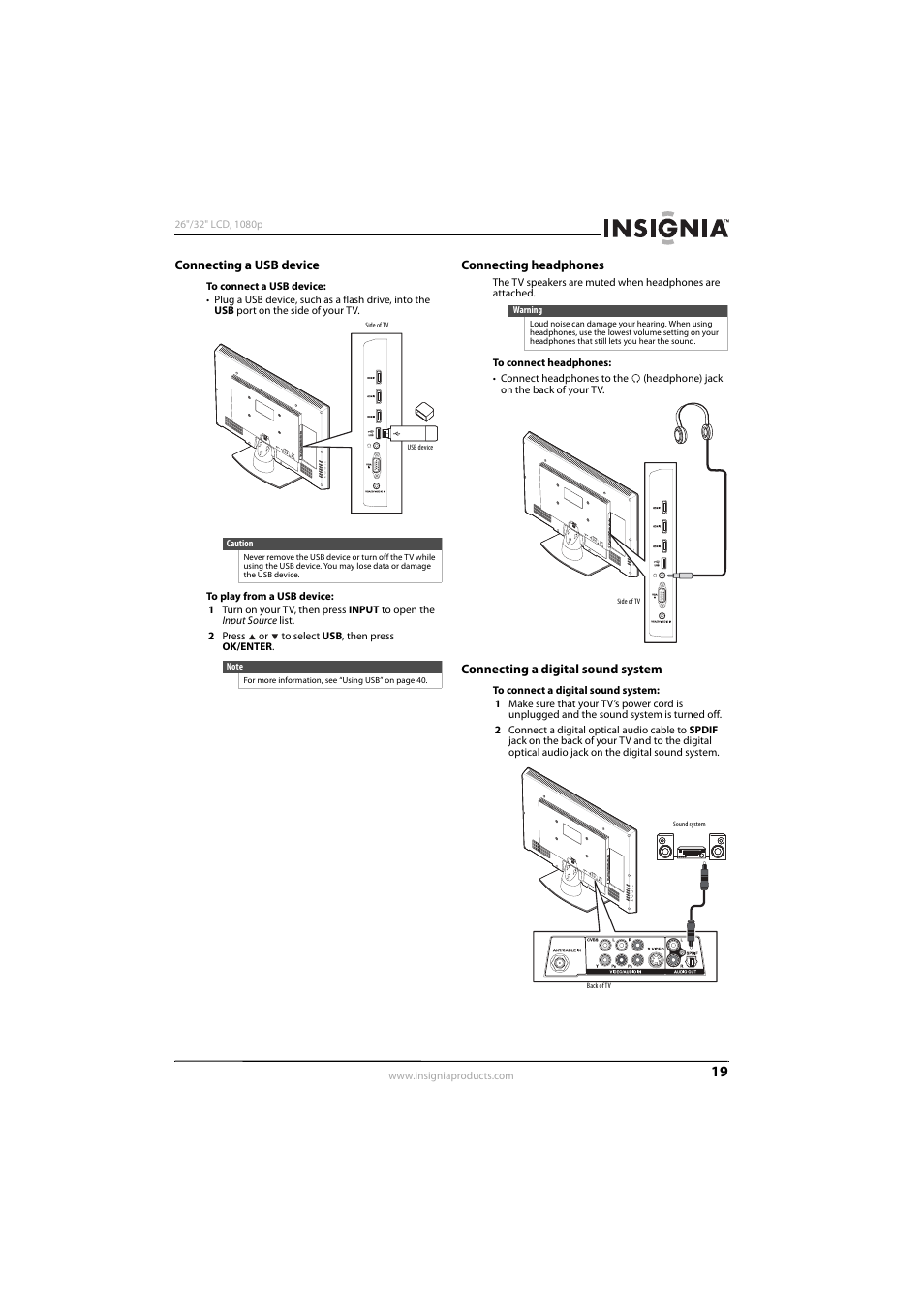 Connecting a usb device, Connecting headphones, Connecting a digital sound system | Connecting a usb device” on, Ee “connecting headphones” o, See “connecting a digital sound system | Konica Minolta NS-32L450A11 User Manual | Page 23 / 68