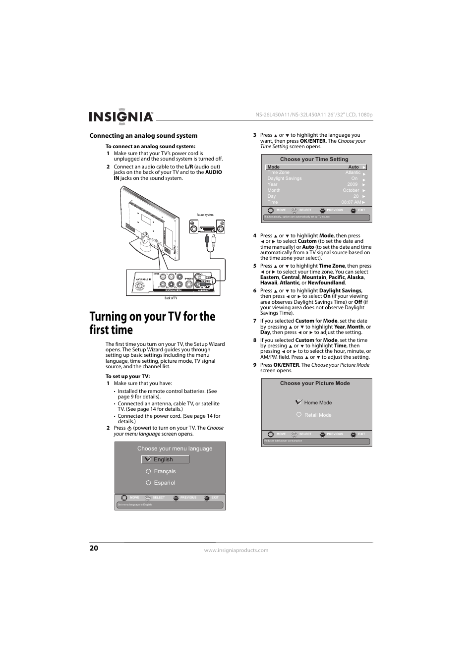 Connecting an analog sound system, Turning on your tv for the first time, Connecting an analog sound system” on | Konica Minolta NS-32L450A11 User Manual | Page 24 / 68
