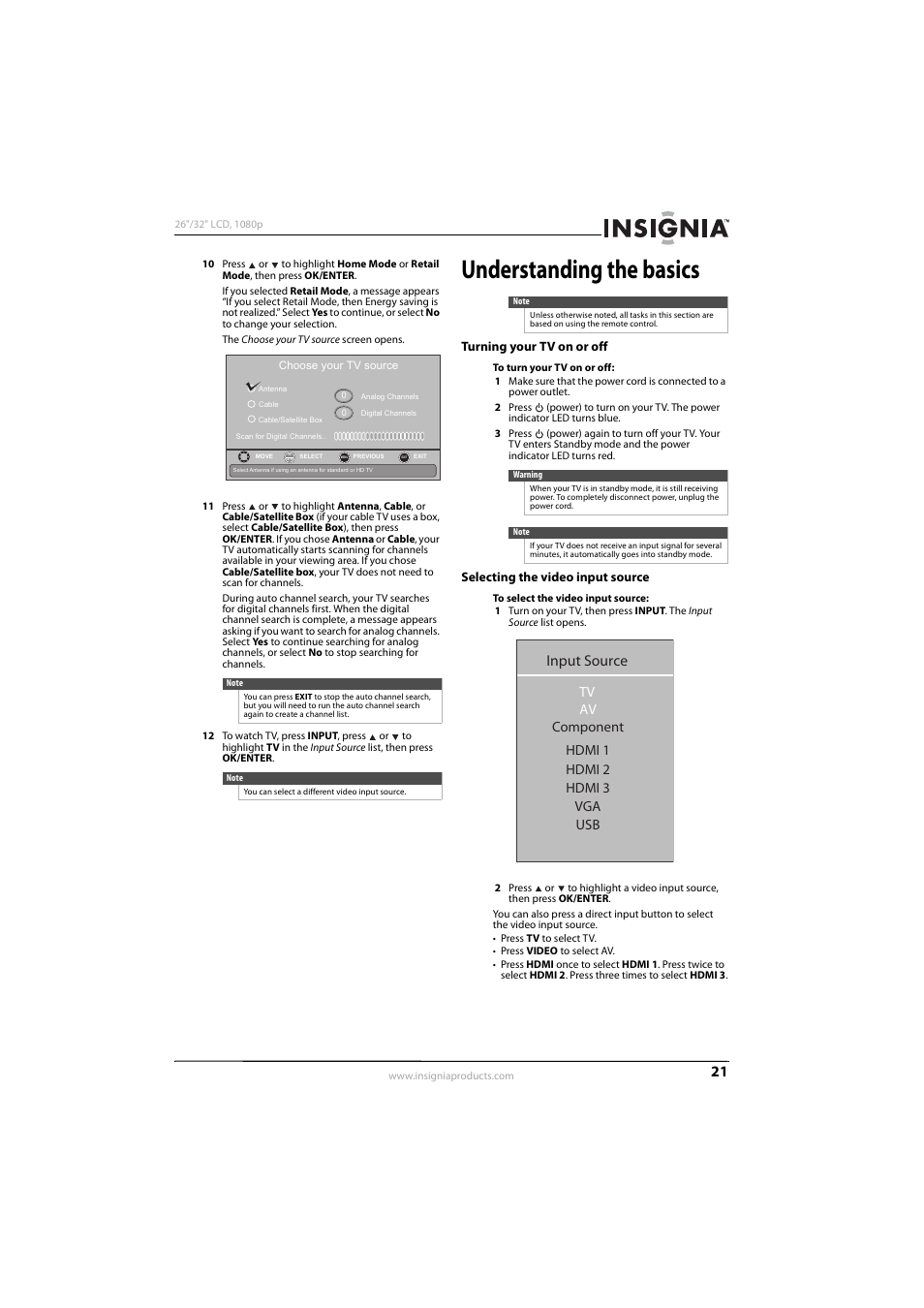 Understanding the basics, Turning your tv on or off, Selecting the video input source | E “selecting the video input source, Input source, Tv av hdmi 1 hdmi 2 hdmi 3 usb, Component vga | Konica Minolta NS-32L450A11 User Manual | Page 25 / 68