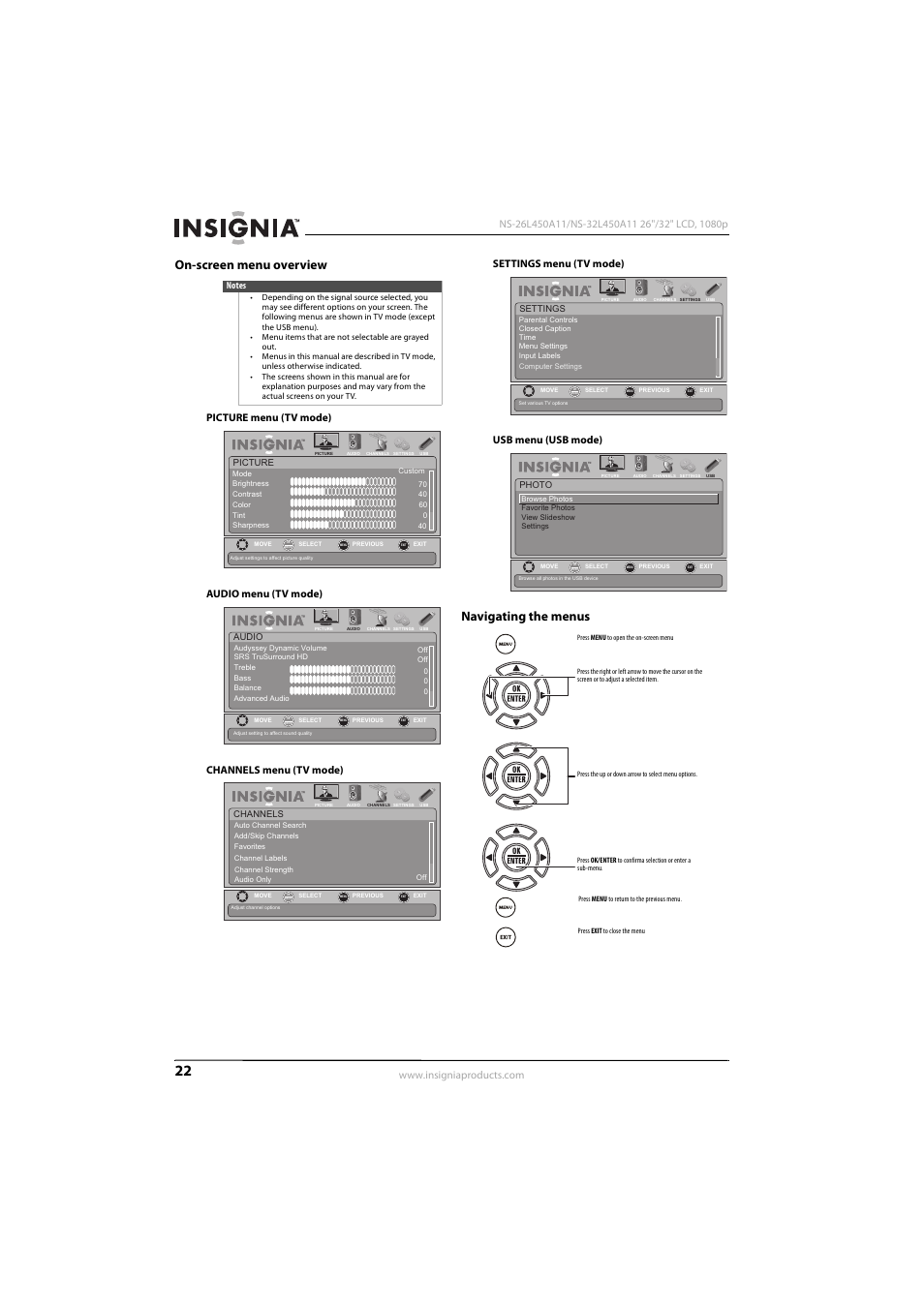 On-screen menu overview, Navigating the menus, On-screen menu overview navigating the menus | Konica Minolta NS-32L450A11 User Manual | Page 26 / 68
