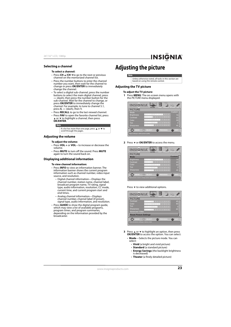 Selecting a channel, Adjusting the volume, Displaying additional information | Adjusting the picture, Adjusting the tv picture, E “selecting a channel, Ee “selecting a channel” o, Ee “adjusting the tv picture | Konica Minolta NS-32L450A11 User Manual | Page 27 / 68