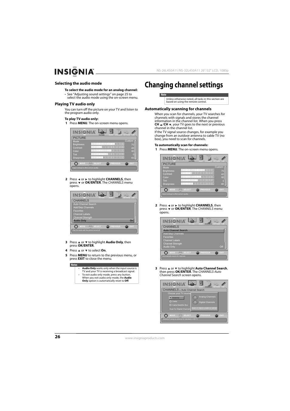 Selecting the audio mode, Playing tv audio only, Changing channel settings | Automatically scanning for channels, Selecting the audio mode playing tv audio only | Konica Minolta NS-32L450A11 User Manual | Page 30 / 68