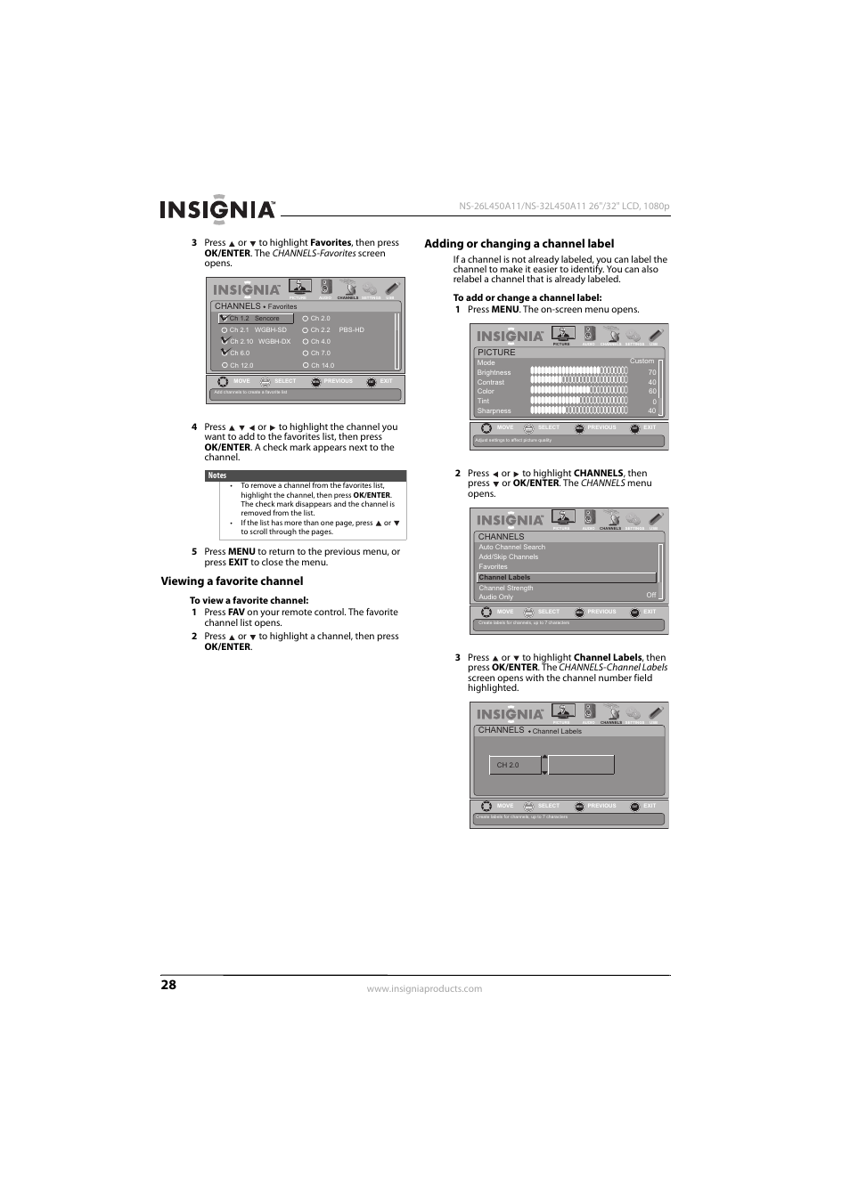Viewing a favorite channel, Adding or changing a channel label | Konica Minolta NS-32L450A11 User Manual | Page 32 / 68